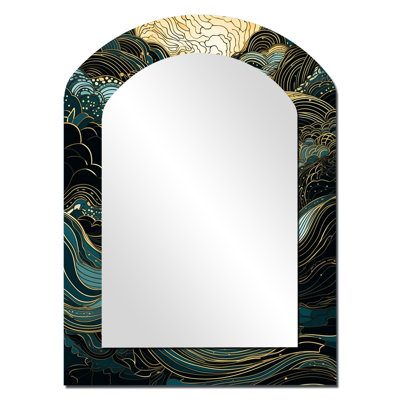 Green Linear Symphony II - Line Art Asymmetrical Unique Wall Mirror, Modern Arch Mirror, Printed Metal Art
