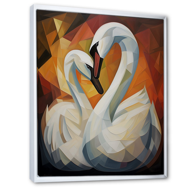 Décoration murale cubique cygne Sonata I - cygnes animaux, H 32 po x l 16 po, Cadre flottant blanc