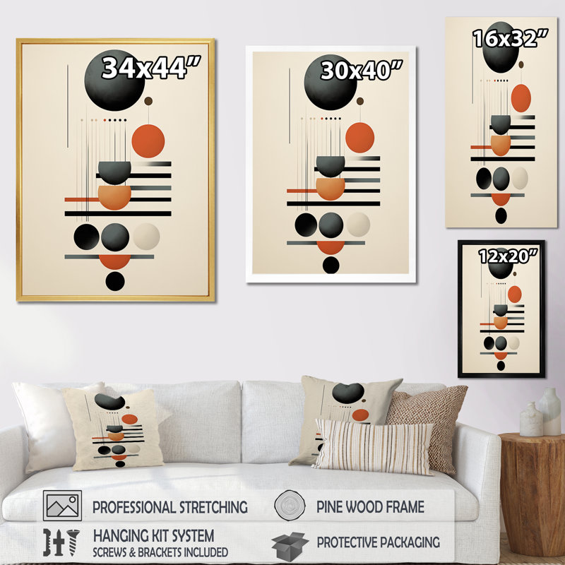 «Waning With The Moon Circular Retro Geometrics», art mural moderne géométrique, salon, 40" H x 30" W, Cadre naturel flottant