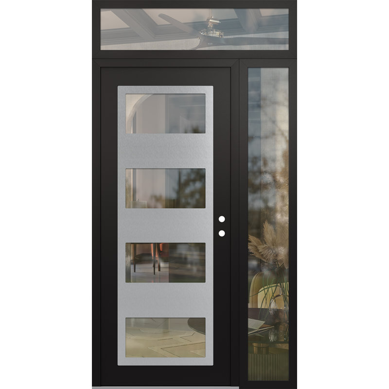 Panneau d'entrée en acier argenté noir / noir avec porte latérale avant et traverse, H 95,69 po x l 49,25 po, Clair, Gauche