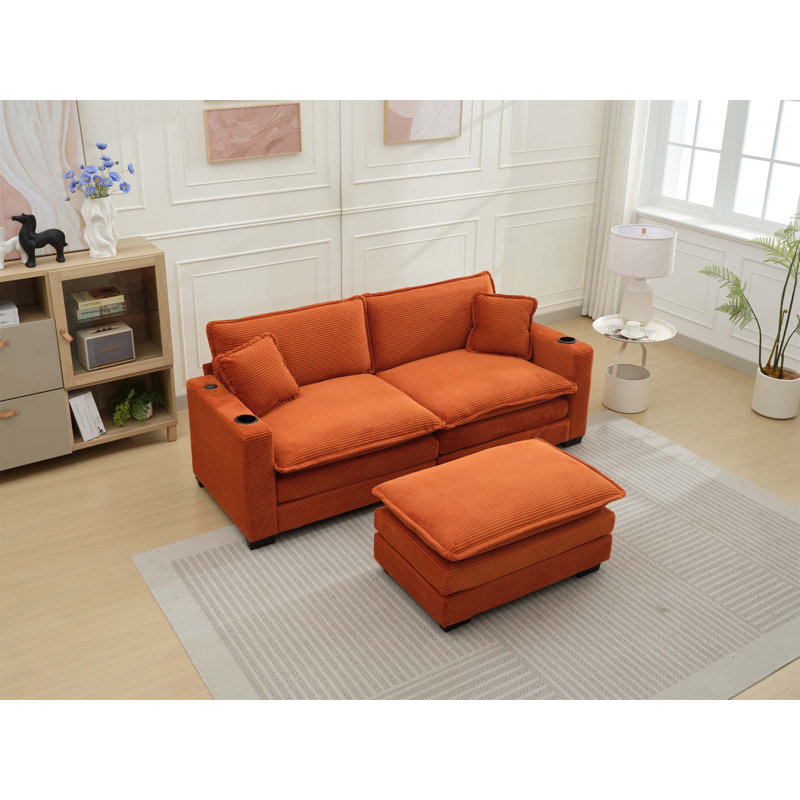 Canapé modulaire confortable en velours côtelé avec USB et porte-gobelet pour la détente, Velours côtelé orange
