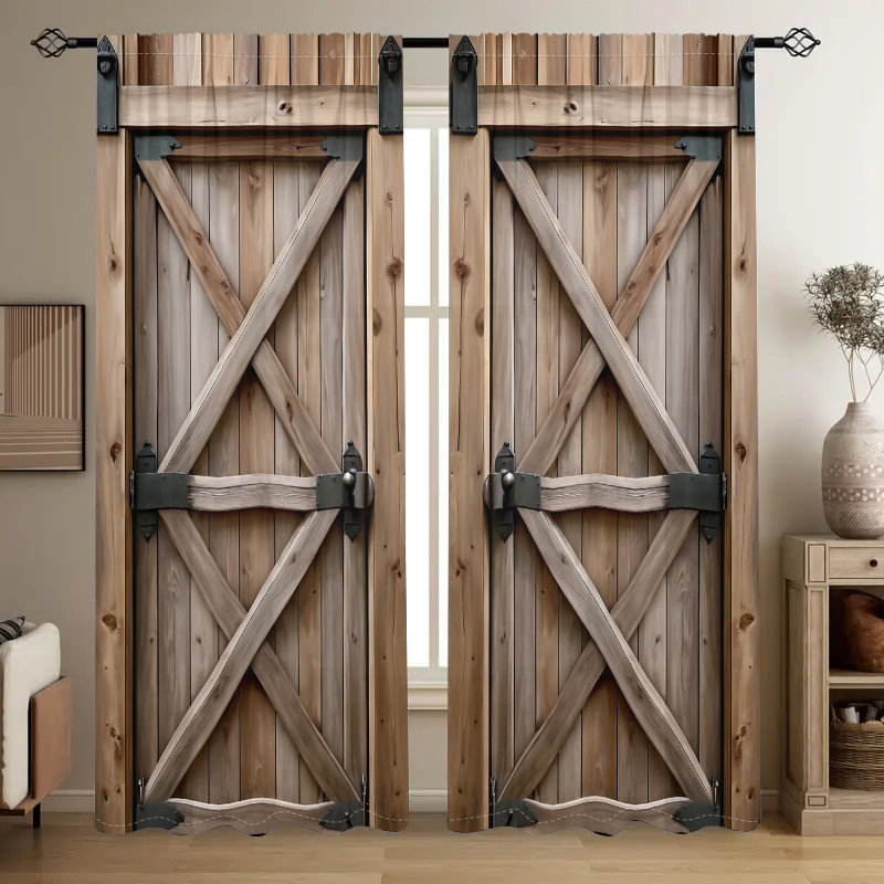 2Pcs Rustic Barn Door Print Curtain, Rod Pocket Mount, Digital Printing, Farmhouse Style, Suitable For Living Room, Bedroom, Kitchen, Dining, Home Decor