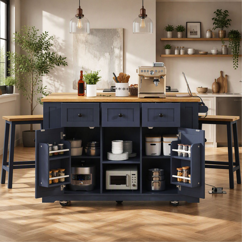 Îlot de cuisine K&K de 135 cm (53 pouces) avec abattant, prise électrique, porte, tablette de rangement interne et chariot de cuisine à 5 roues avec 5 étagères latérales ouvertes, bleu marine (deux colis) (tabourets non inclus)