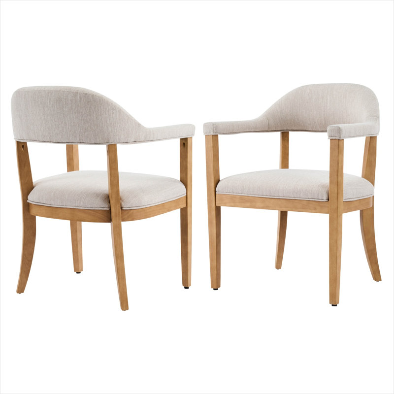 Ensemble de 2 fauteuils, revêtement en tissu beige doux, structure en bois d'hévéa massif, assise ergonomique confortable pour la salle à manger ou le salon