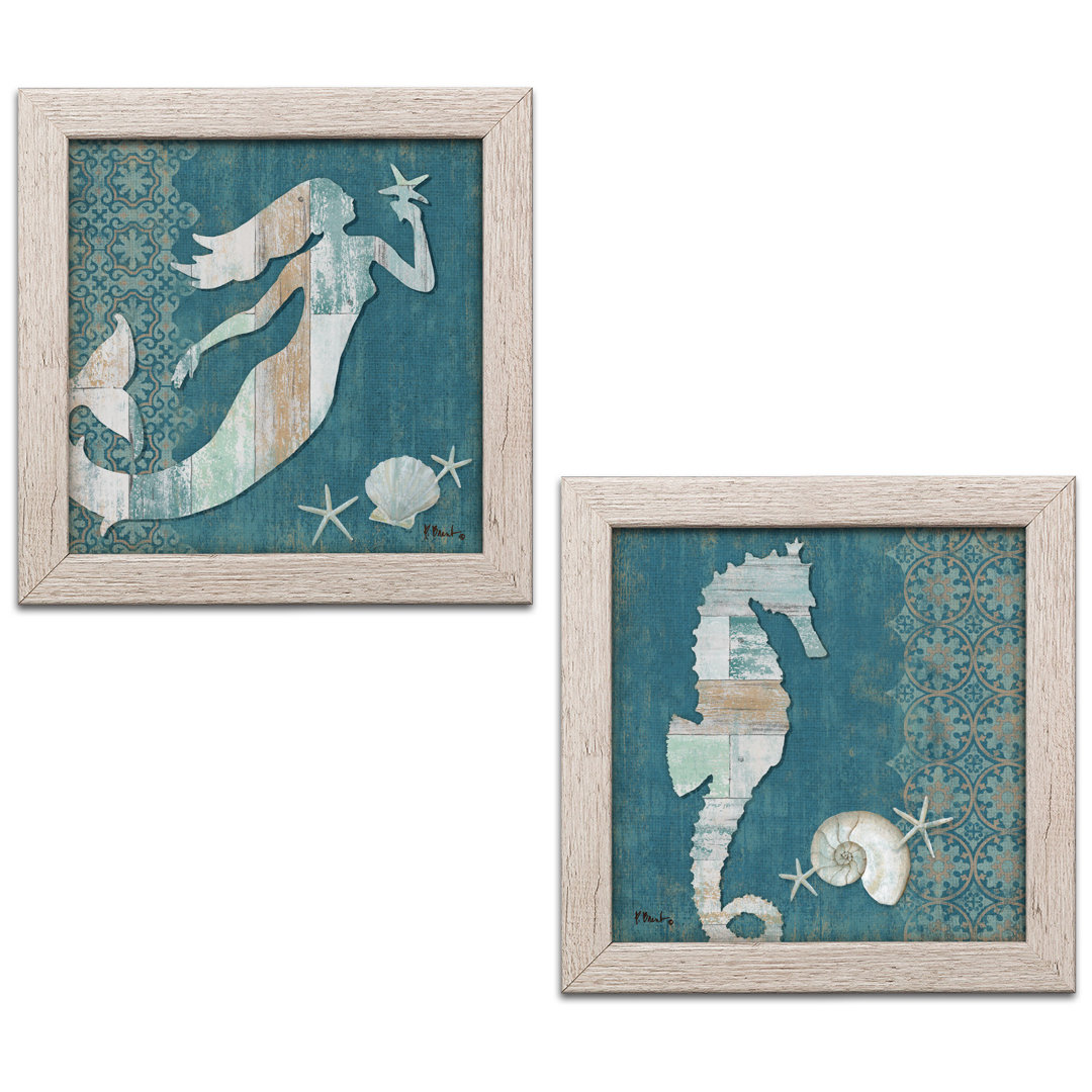 " Distressed Beach Décor Mermaid & Seahorse Nautical " by Paul Brent 2 - Pieces Highland Dunes 