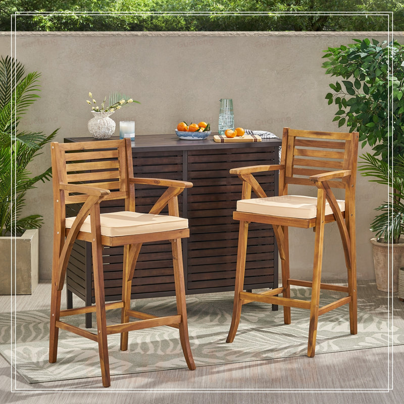 Ensemble de tabourets de bar 2 pièces avec coussins moelleux et structure en bois d'acacia robuste pour une assise extérieure confortable et durable