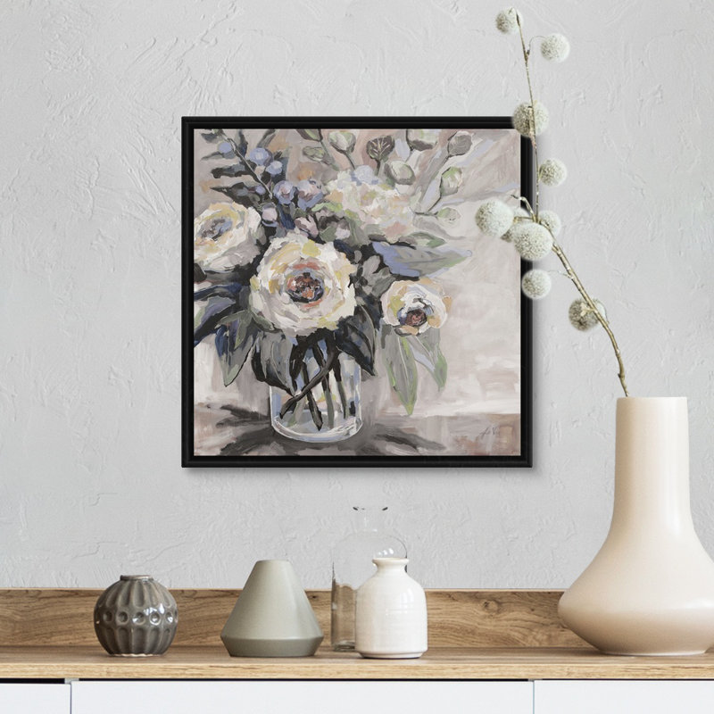 «Delighted Greige» par Jeanette Vertentes - reproduction d'art sur toile, H 14 po x l 14 po x P 1,75 po, Cadre flottant noir