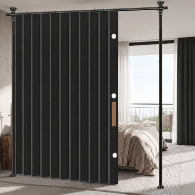 Heavy-duty wall-divider set combines 1 black curtain, W100 x L84 in, with a no-drill tension curtain rod adjustable to (H) 43-120×(W) 35-100 in; intended for privacy/soundproof curtain use.