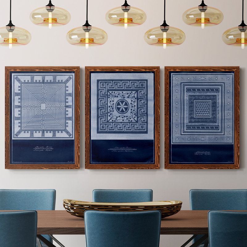 Indigo Tile I - ensemble de 3 impressions sur toile encadrées, Érable, H 37,5 po x l 82,5 po x P 1,5 po