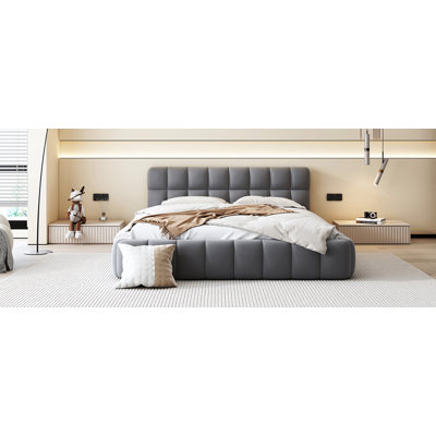Grand lit plateforme tapissier avec tissu épais et lit au sol avec structure solide