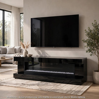 Meuble télé avec foyer et haut-parleur Bluetooth 71 pouces noir brillant Orry