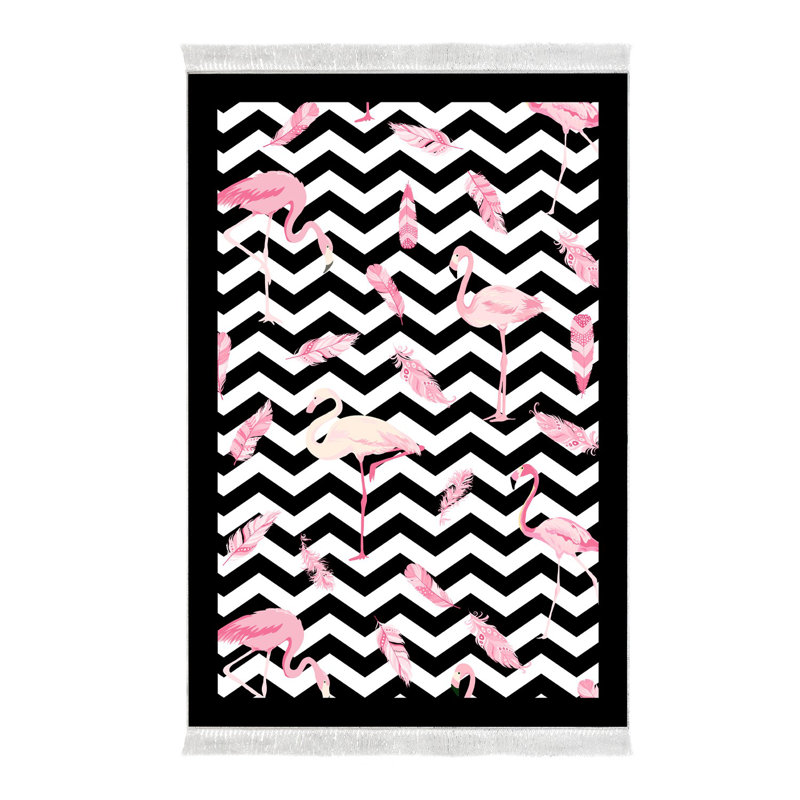 Tapis à chevrons en polyester tissé à plat Tracey noir / blanc / rose, Rectangle 5 pi 3 po x 7 pi 7 po