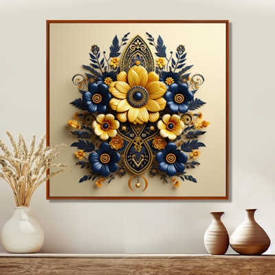 Yellow & Blue Flowers Persian Geometric Emblem - Botanicals Wall Art