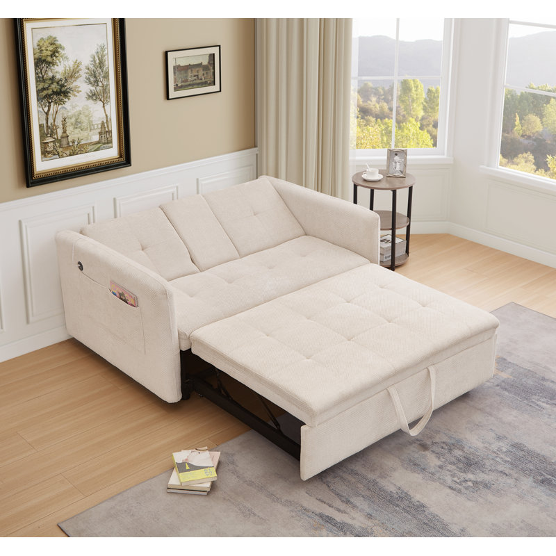 57" 3 In 1 Convertible Sleeper Sofa Bed with two cup holders, Futon Couch with Side Pocket, Usb, Beige