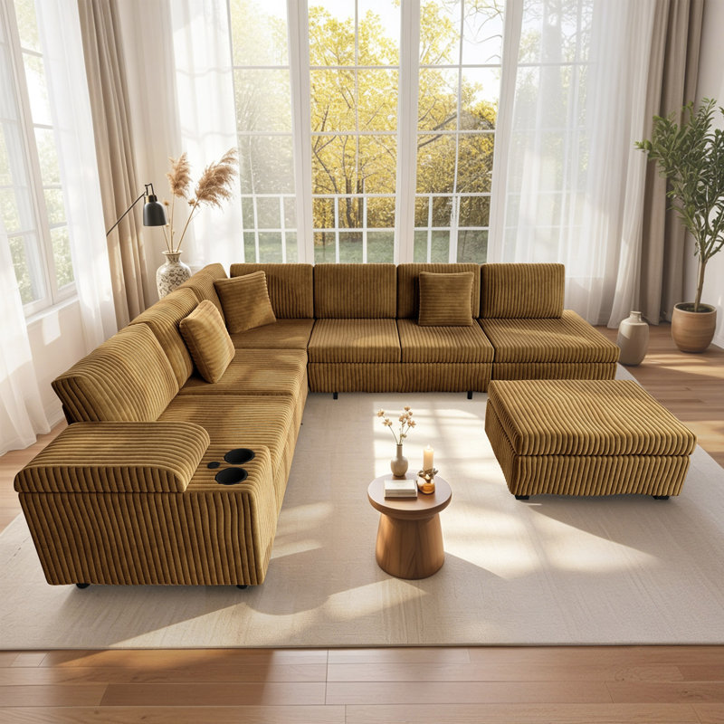 Canapé modulaire en L en velours côtelé 5 pièces avec repose-pieds amovible, canapé-lit convertible avec accoudoirs dissimulés et ports de chargement USB