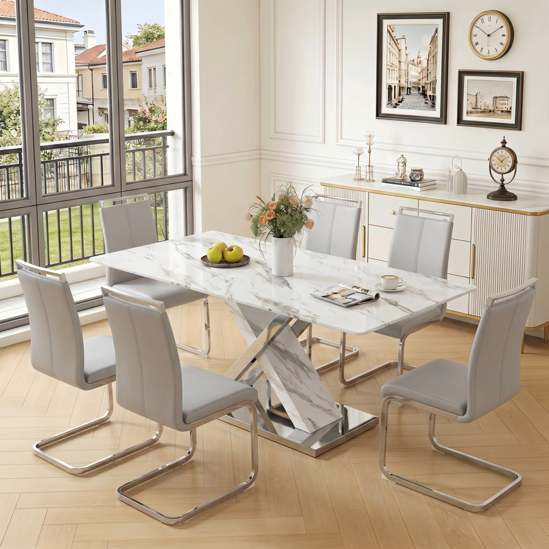 7-Piece Modern 63" Rectangular Faux Marble Glass Dining Set with Faux Leather Cantilever Chairs, Light Gray