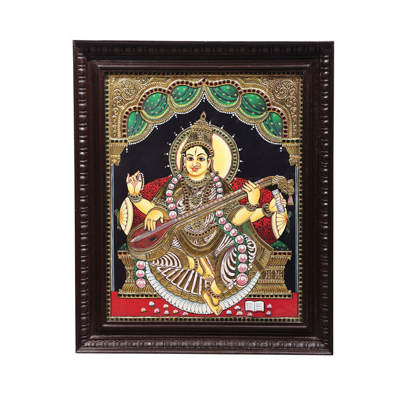 Déesse Saraswati Tanjore, peinture | Couleurs traditionnelles avec or 24 carats | Structure en bois de teck