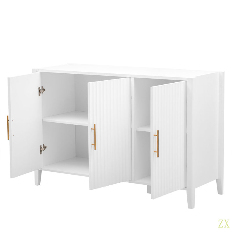 Buffet ondulé à 3 portes avec pieds en pin massif, armoire de rangement à finition peinte de style américain pour le salon, le vestibule, la cuisine et le bureau personnel