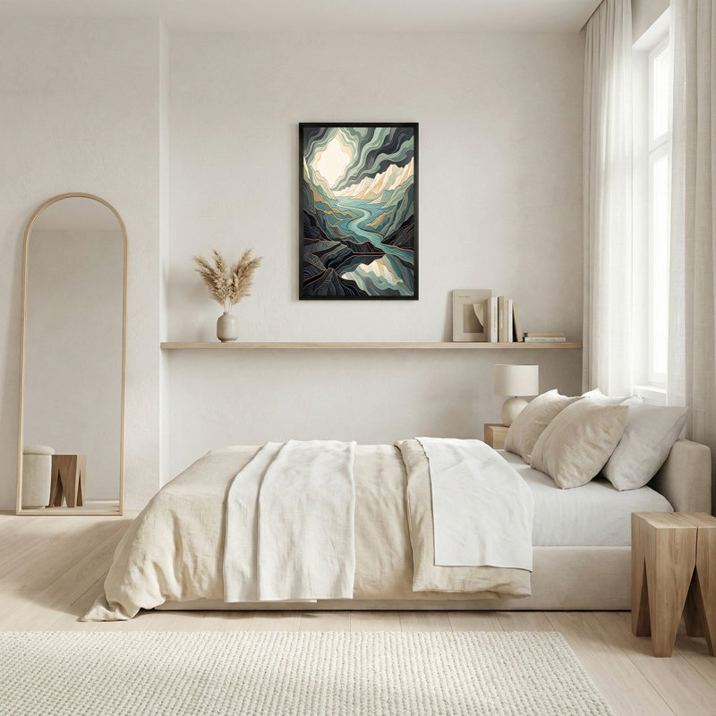«Teal and Gold Layered Mountain River», art mural sur toile, H 16 po x l 24 po