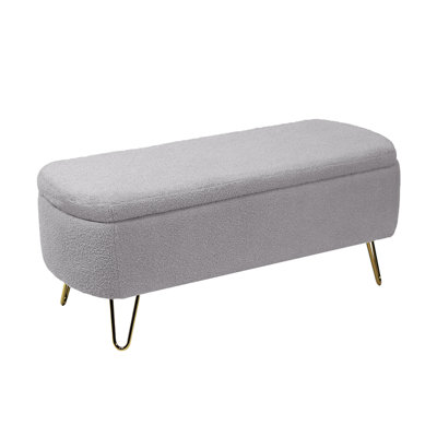 Modern Faux Fur Storage Ottoman Bench, Upholstered Padded Entryway Bench with Gold Metal Legs, Multifunctional End of Bed Stool with Storage for Bedroom Living Room