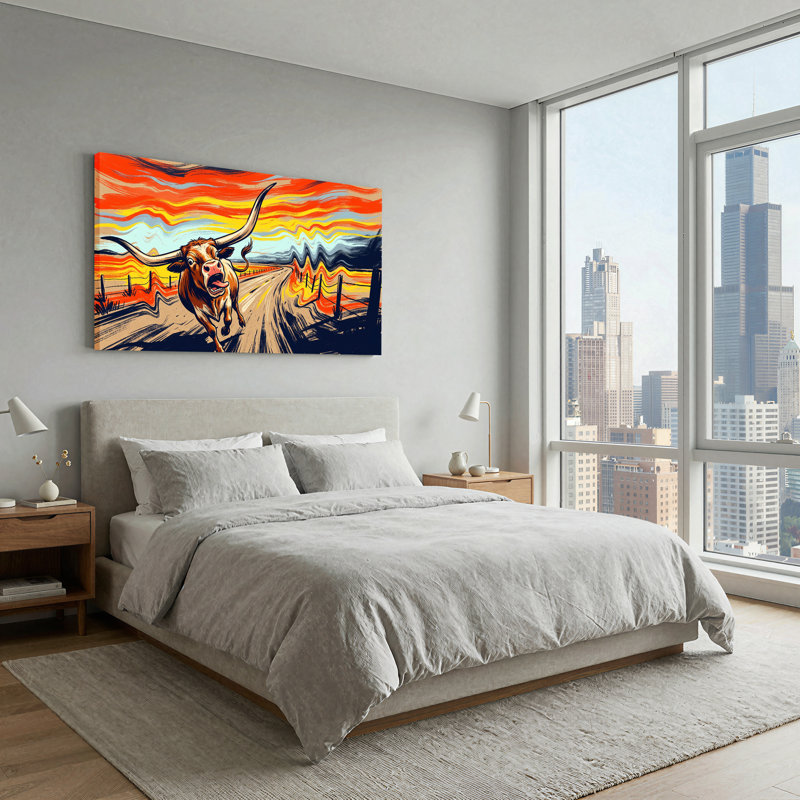 «Run Longhorn vache on Wavy Sunset Road», art mural, L 32 po x H 16 po