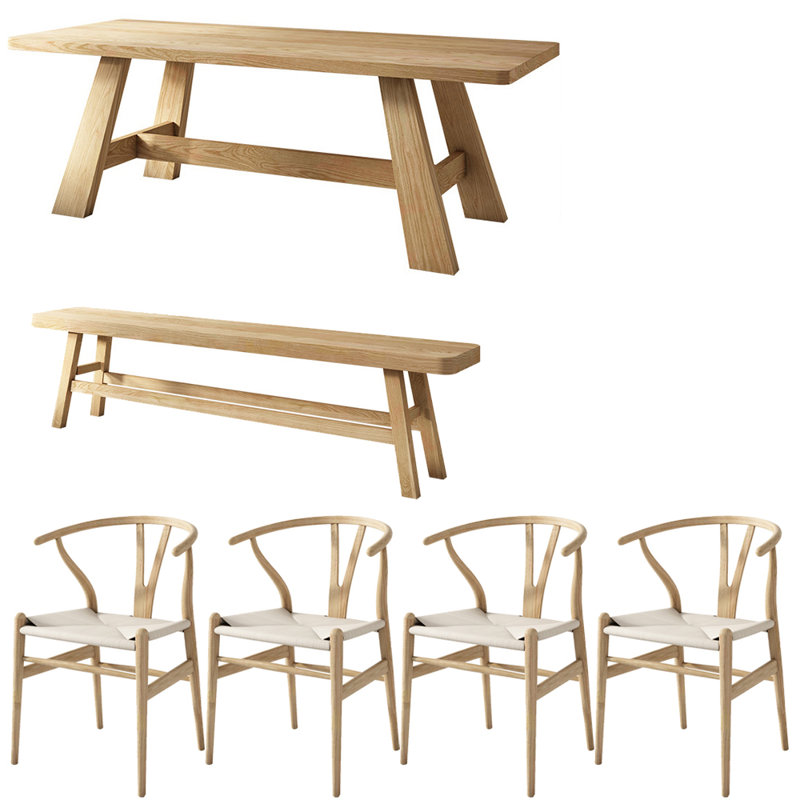 Ensemble de table à manger moderne en bois massif de style japonais, H 29,5 po x L 62,9 po x l 27,5 po