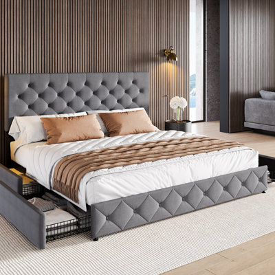 Zelna Upholstered Platform Storage Bed with 4 Drawers and Sleek Button Tufting