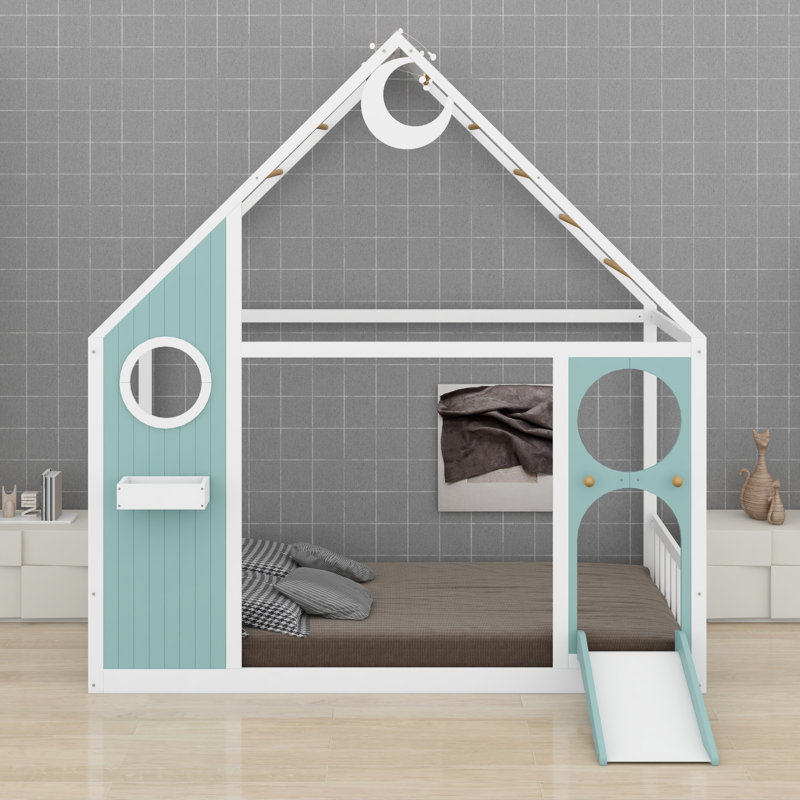 Lit cabane avec glissade et guirlande lumineuse à billes pour chambres d'enfants, Bleu