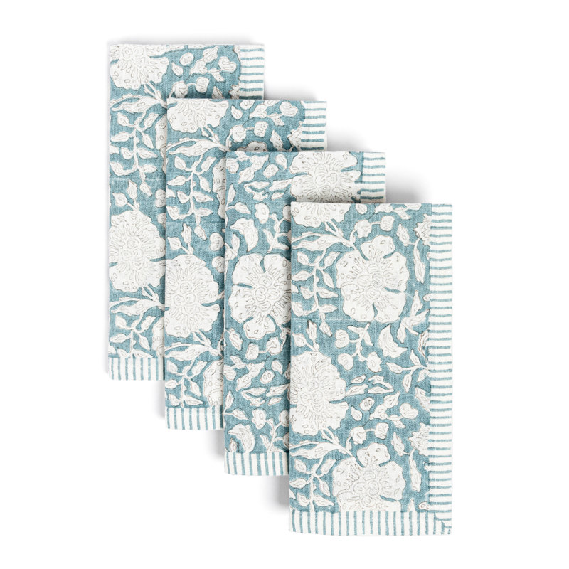 over&back Hand-Blocked Printed Cotton Cloth Napkins, Blue Floral