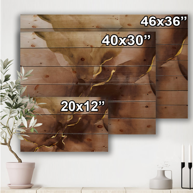 Aquarelle sur fond brun avec de l'or - reproduction d'art sur bois, H 30 po x l 40 po x 1,5 po