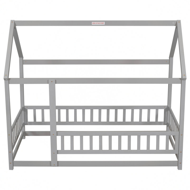 Thendara Floor Bed Frame, Wooden Platform Bed with House Roof Frame and Fence Guardrails, Twin, Grey