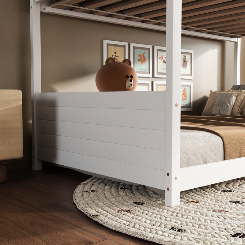 Lit simple superposé au-dessus d'un plancher en bois d'hévéa blanc - et style combiné pour les pieds de lit, Blanc