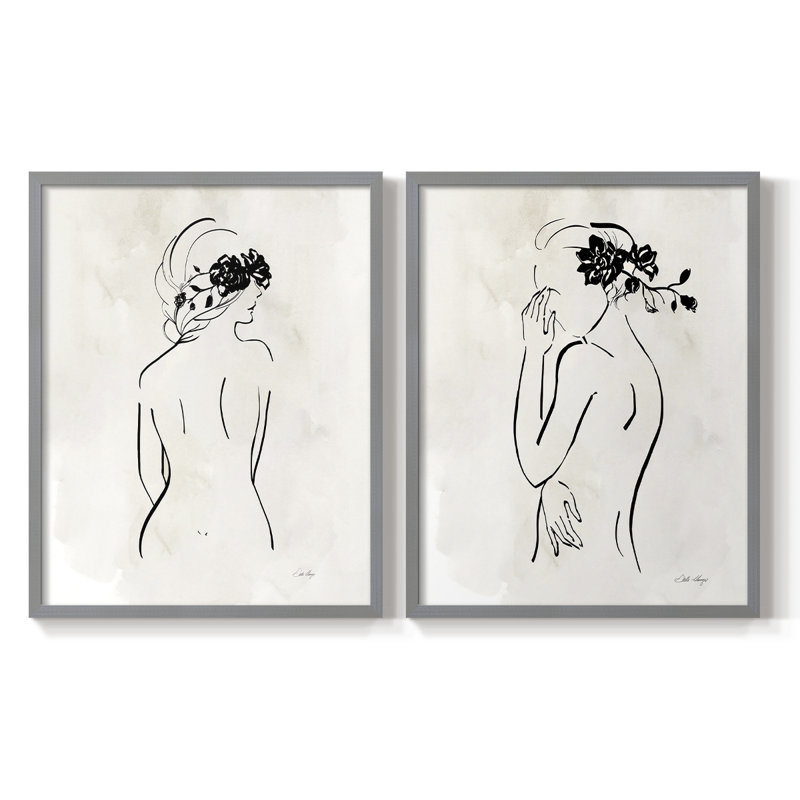 Dessin au trait romantique I - impression encadrée de qualité supérieure - prêt à être accroché - aucun clou requis - aucun clou requis
