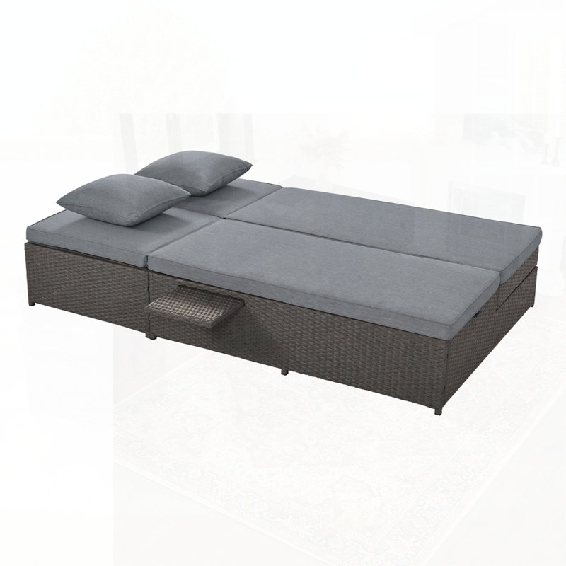 Wicker Rattan Patio Double Sunbed with Adjustable Backrest and Seat, Gray