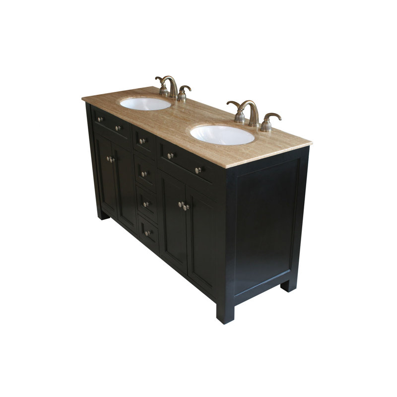 62'' Double Bathroom Vanity with Travertine Top, Ebony