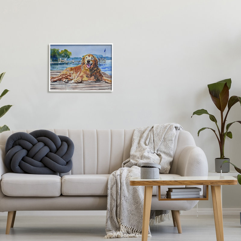 «Coastal Waterfront Scenery Golden Retriever Relaxing Dock» par MB Cunningham - Peinture, H 16 po x l 20 po x P 1,5 po