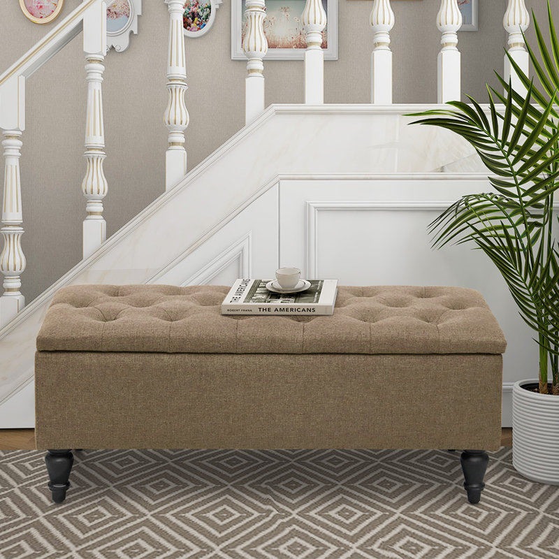 Banc de rangement rembourré avec pieds en bois massif Balcom, H 17 po x l 37,8 po x P 17 po, Bleu denim