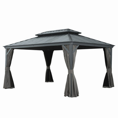Pavillon de jardin à toit rigide de 12 pi x 16 pi, pavillon de jardin en métal amélioré avec système de drainage, toit en acier galvanisé à double couche, rideau et filet, auvent d'abri extérieur pour patio, jardin et cour arrière