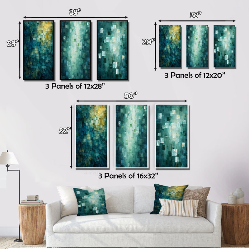 California Sunshine Retro Abstract Turquoise - Abstract Painting Art Set Of 3 Pieces, H 20 po x l 36 po, Cadre flottant noir