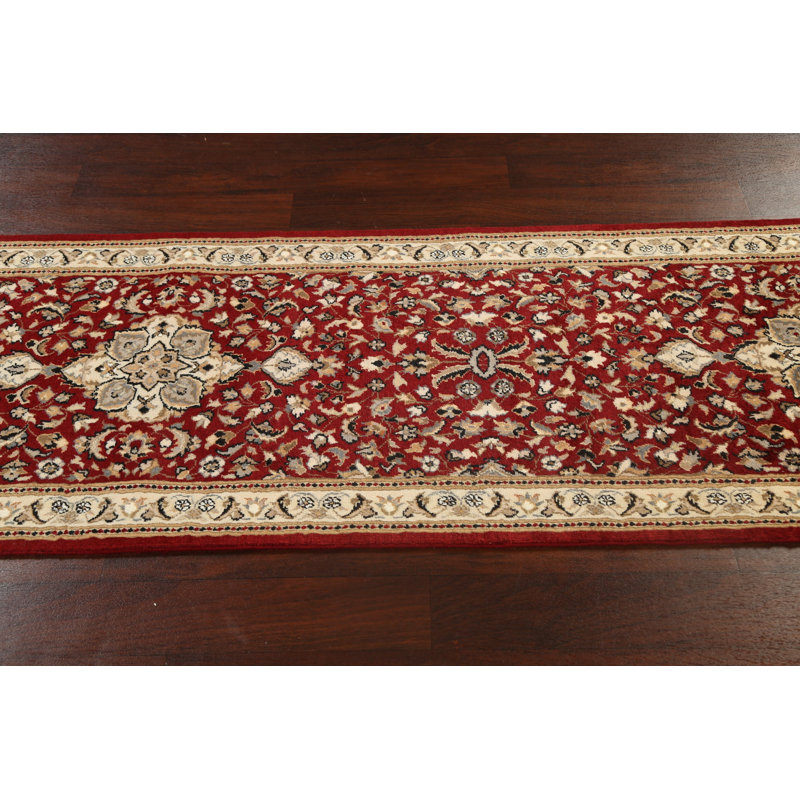 Tapis de couloir unique en laine noué à la main 2 pi 7 po x 16 pi 7 po nouvel âge en rouge / ivoire / gris