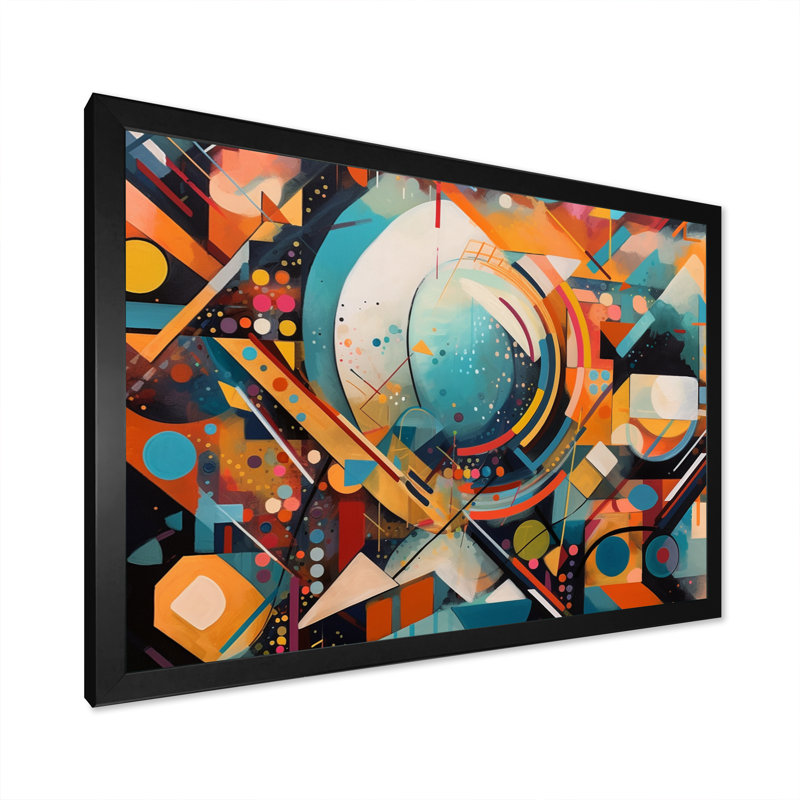 Vibrations géométriques orange et bleues IV - impression, Impression noire sur toile encadrée, H 12 po x l 20 po x P 1 po