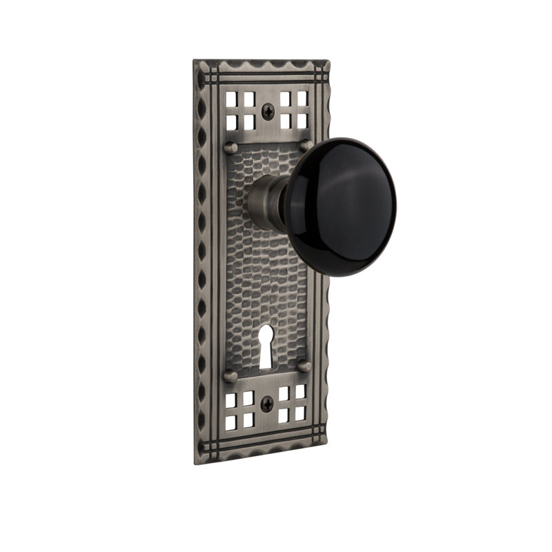 Craftsman Plate with Decorative Keyhole and Black Porcelain Door Knob, Antique Pewter, 2-3/4”