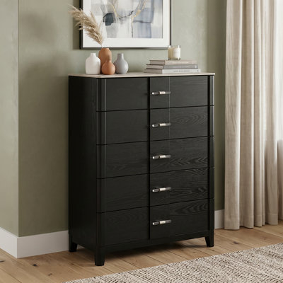 Vera Noir Modern Glam 5-Drawer Highboy Chest with Sintered Stone Marble-Pattern Top and Clear Handles
