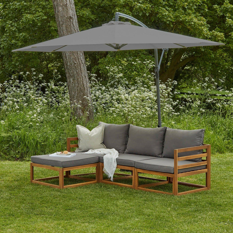 Rimasha 3 Seater Wooden Garden Sofa Set with Footstool & Lean Over Parasol , Grey/Grey