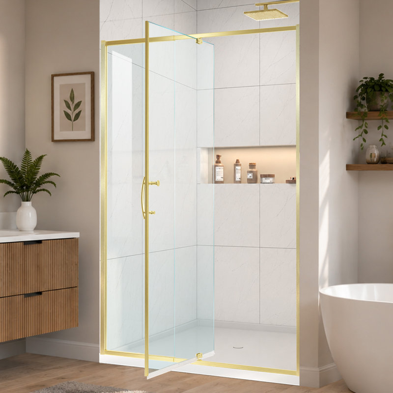 44 - 48 in. W x 71 in. H Pivot  Shower Door in Brushed Gold with Clear Glass, Brushed Gold, Clear