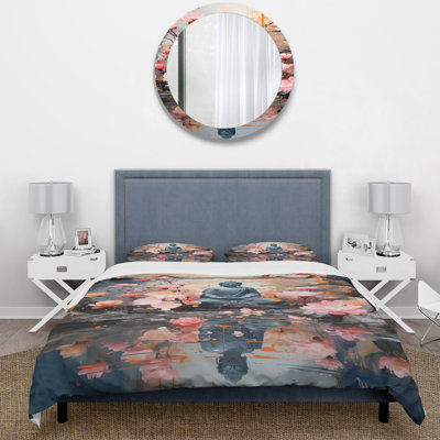 Floral Buddha In Meditation I - Ensemble de housse de couette spirituel - Polyester en microfibre
