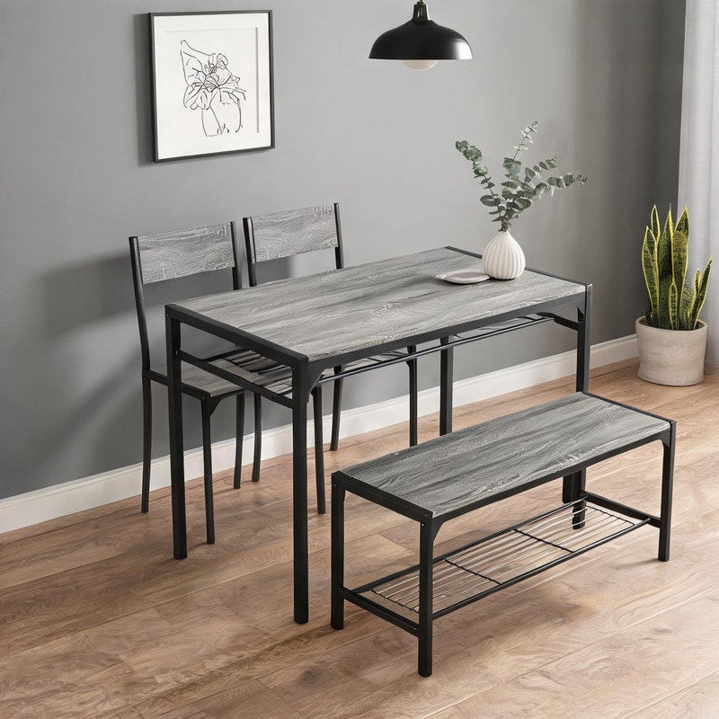 Ensemble de salle à manger compact de 4 pièces avec plateau en bois massif, banc et 2 chaises pour petits espaces, rectangulaire