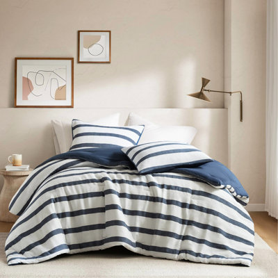 3 -dyed Striped Comforter For Full/queen Bed, Contemporary Coastal Style, All Fill, Microfiber Reverse, , Blue Modern Minimalist Aesthetic, Smooth Bedding