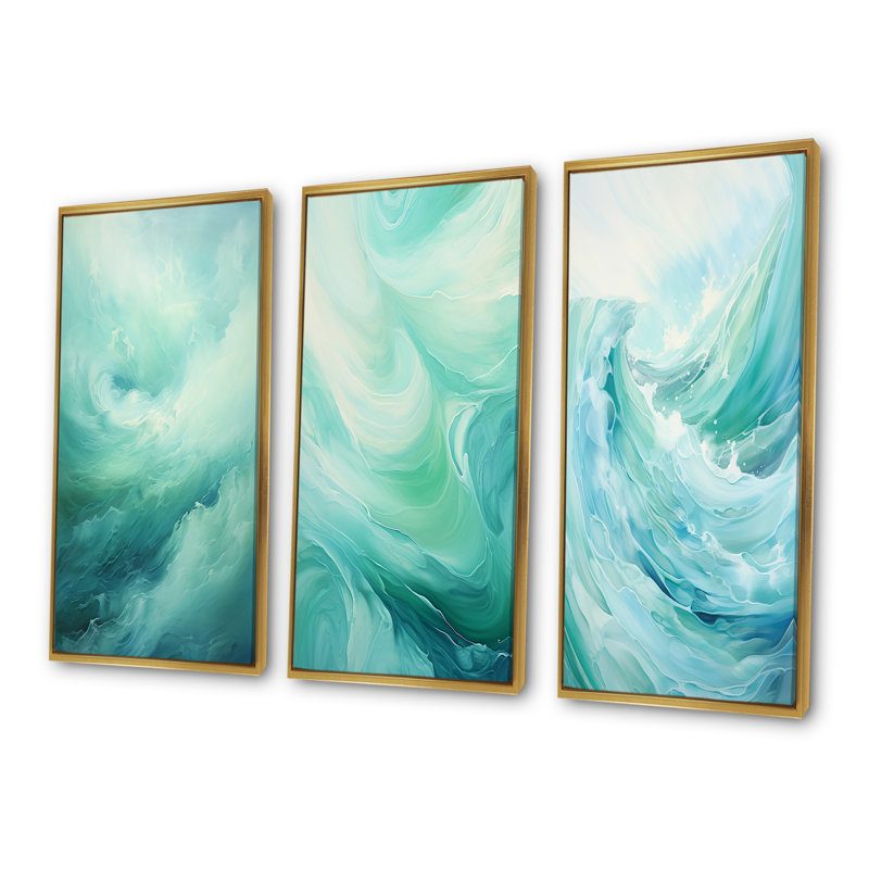 Ensemble de 3 impressions murales sarcelle tempête et vague - Coastal Waves, Cadre flottant doré, H 28 po x l 36 po