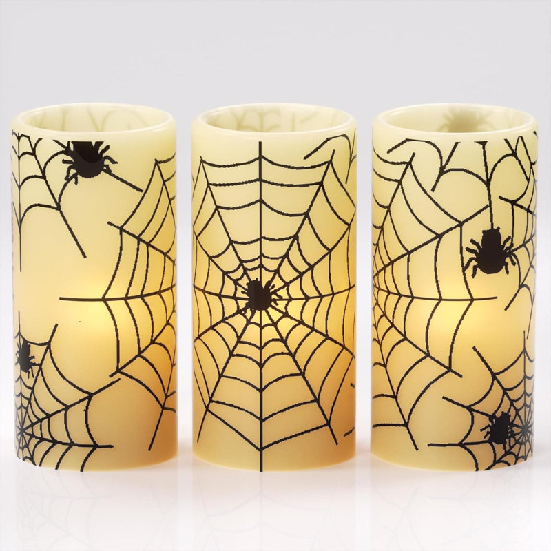 3 Pack 3×6" Halloween Flameless LED Pillar Candles:Timer, Battery-Operated, Real Wax with Spider Cobweb Decals